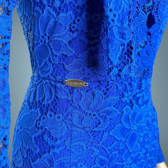 Carol Catugy Full Lace Bodycon Dress Medium Blue Backless Bow High Neck Stretch - Picture 9 of 15